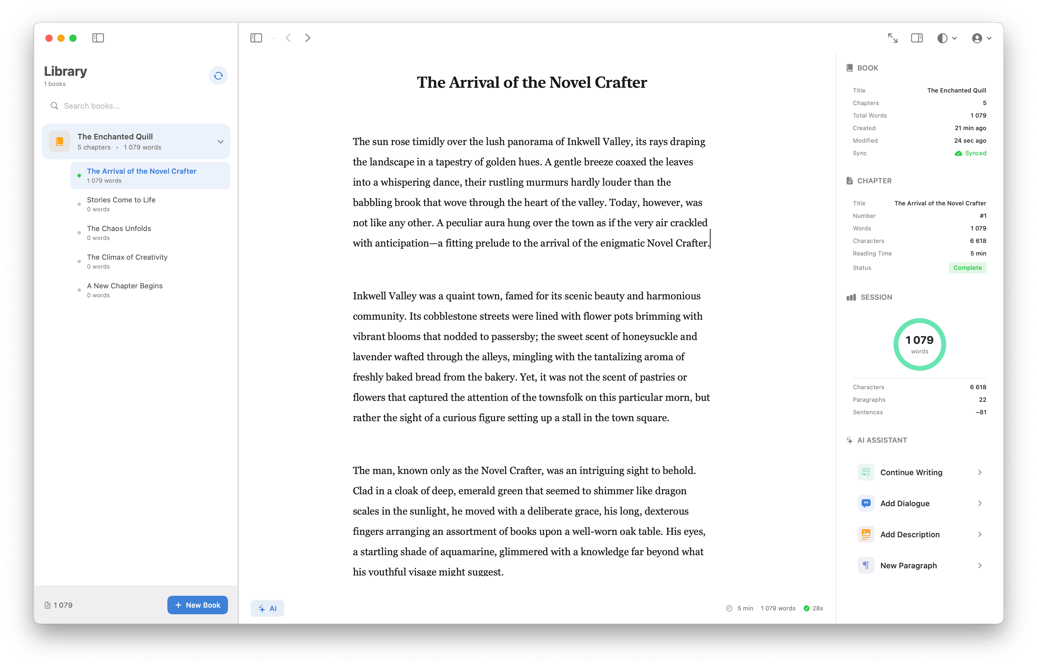 NovelCraft Writer for macOS - showing the elegant three-panel interface with library sidebar, main editor, and AI assistant panel